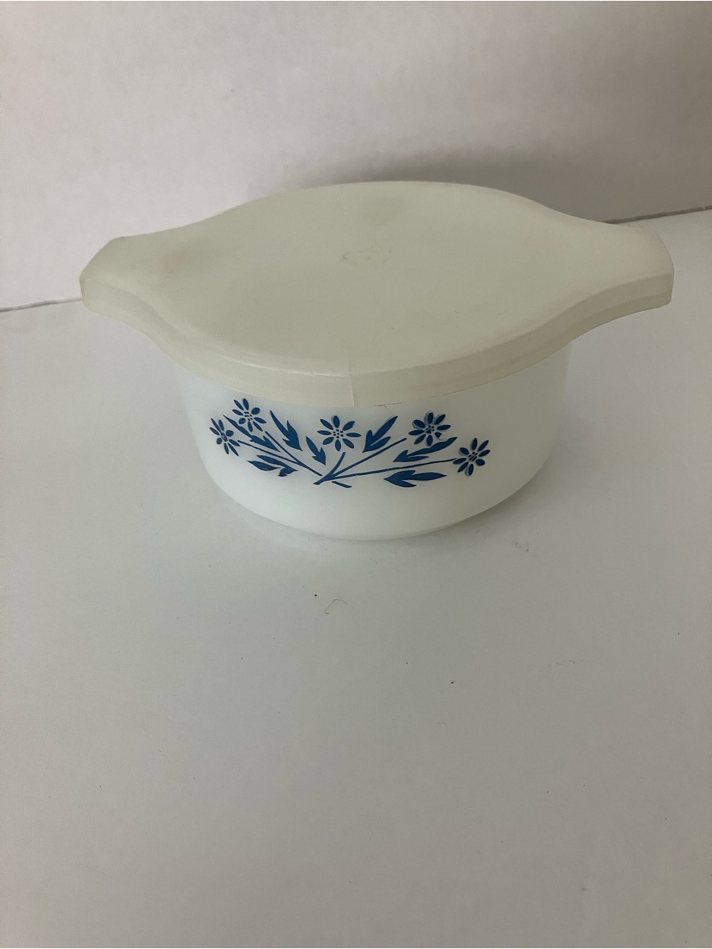 Pyr-O-Rey White Covered Casserole with Blue Floral Pattern